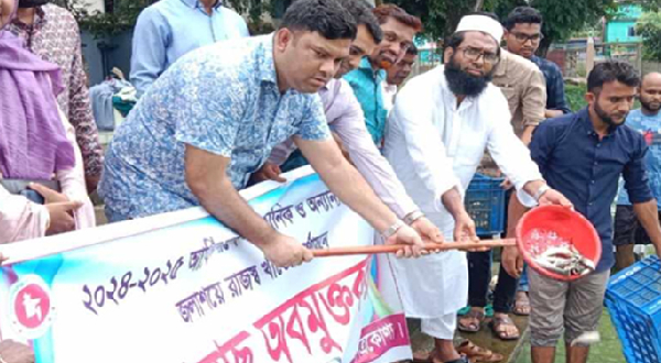 নেত্রকোণা জেলার কেন্দুয়ায় সরকারি জলাশয়ে পোনা মাছ অবমুক্তকরণ